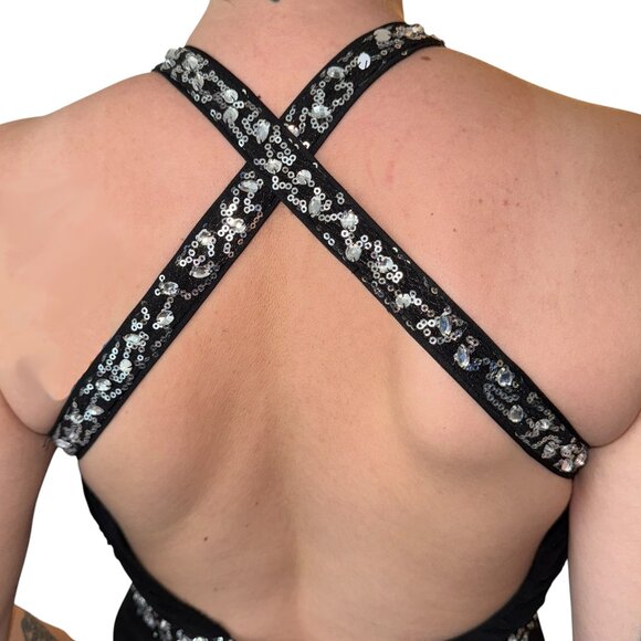 PROM Bridesmaid Gala Long Dress Black with Silver Sequins Greek Style Sheer 5/6 - Picture 4 of 9